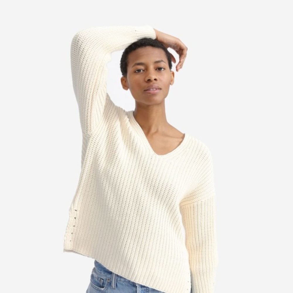 Everlane Textured Cotton V Neck Chunky Sweater